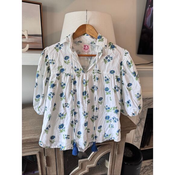 Victoria Dunn Juniper Print White Top with Blue Flowers Size XS - Picture 2 of 8